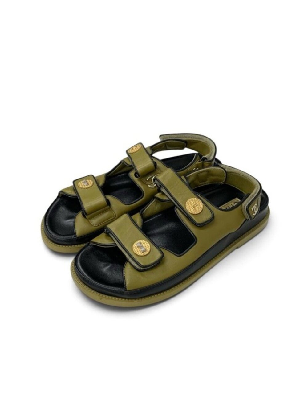 Chanel Sandals Shoes Leather Khaki Black Flat CC Logo Clover Rhinestone Velcro